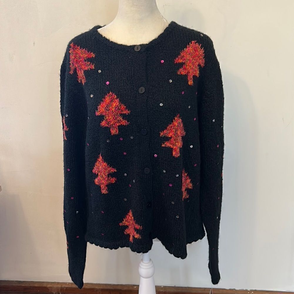 Eagles Eye black cardigan with Christmas trees and sequins Size XL New